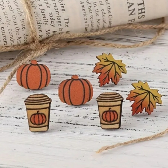 NEW Pumpkin Maple Leaf and Coffee Wooden Earrings Fall Autumn - Picture 2 of 3